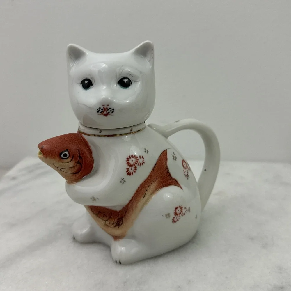 Kitty Cat With Koi Fish Creamer Teapot China White Small Vintage, Too Cute